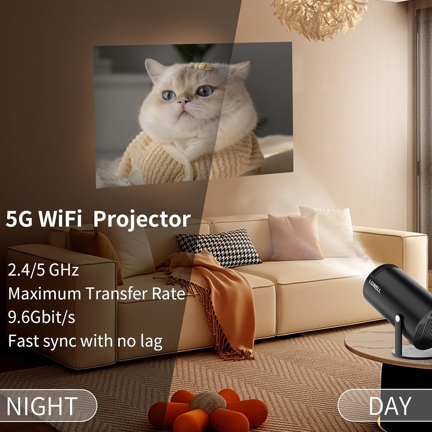 NÖRDIC Mini Portable Projector – 720p HD-støtte, Android 11, WiFi 6, BT 5.0, 180° rotasjon, hjemmekinoprojektor