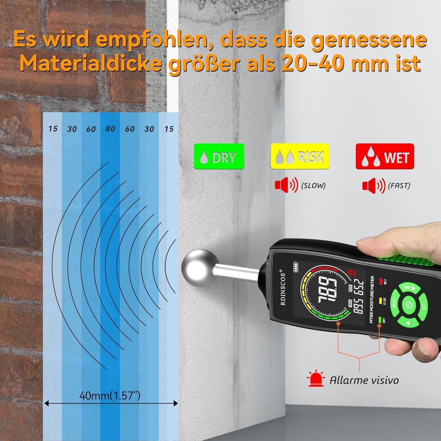 NÖRDIC Fuktmåler med innebygd lampe for fuktmåling i tre, vegger, tak, gulv og bobiler