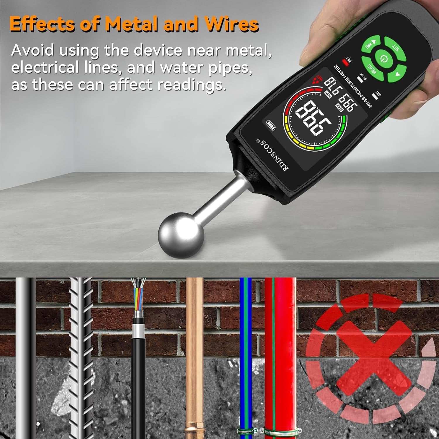 NÖRDIC Fuktmåler med innebygd lampe for fuktmåling i tre, vegger, tak, gulv og bobiler