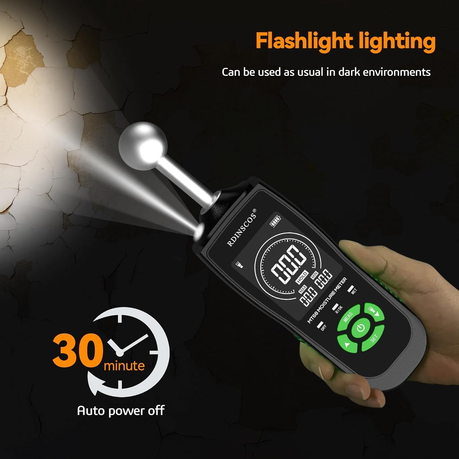 NÖRDIC Fuktmåler med innebygd lampe for fuktmåling i tre, vegger, tak, gulv og bobiler