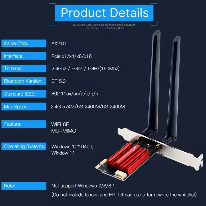 NÖRDIC PCIe AX210 WiFi-kort, tri-band 6 GHz/5 GHz/2,4 GHz internt nettverkskort, 5400 Mbps, PCIe, 8 dBi, Bluetooth 5.3-adapter