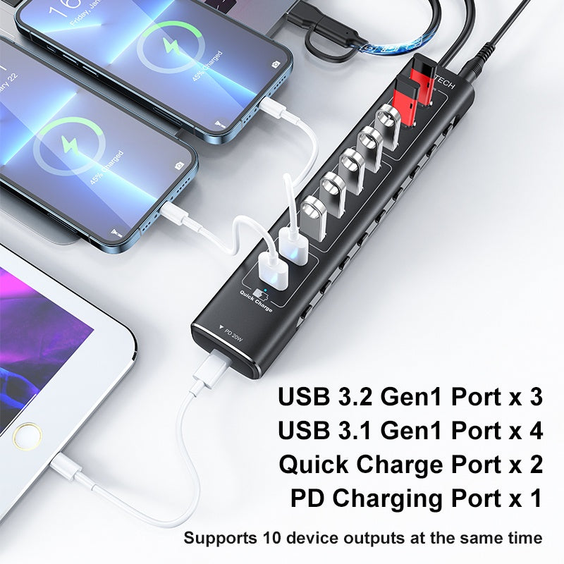 NÖRDIC Powered 10-ports USB-C & A Hub, 3x10G USB-A og USB-C USB3.2 GEN2, 4x5G USB-A USB3.2 GEN1, 1xUSB-C 20W PD, 2xUSB-A lading med individuell bryter