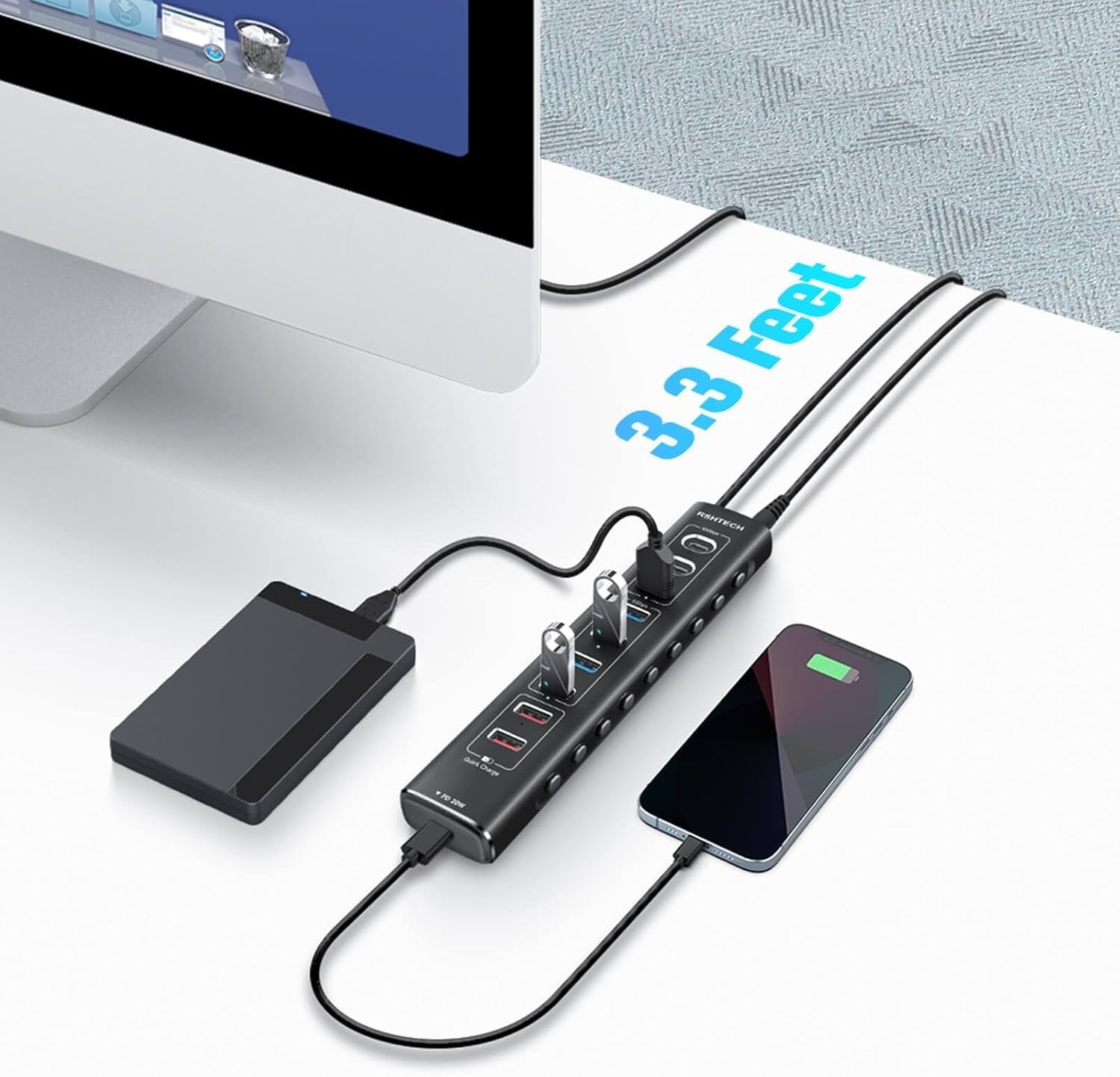 NÖRDIC Powered 10-ports USB-C & A Hub, 3x10G USB-A og USB-C USB3.2 GEN2, 4x5G USB-A USB3.2 GEN1, 1xUSB-C 20W PD, 2xUSB-A lading med individuell bryter