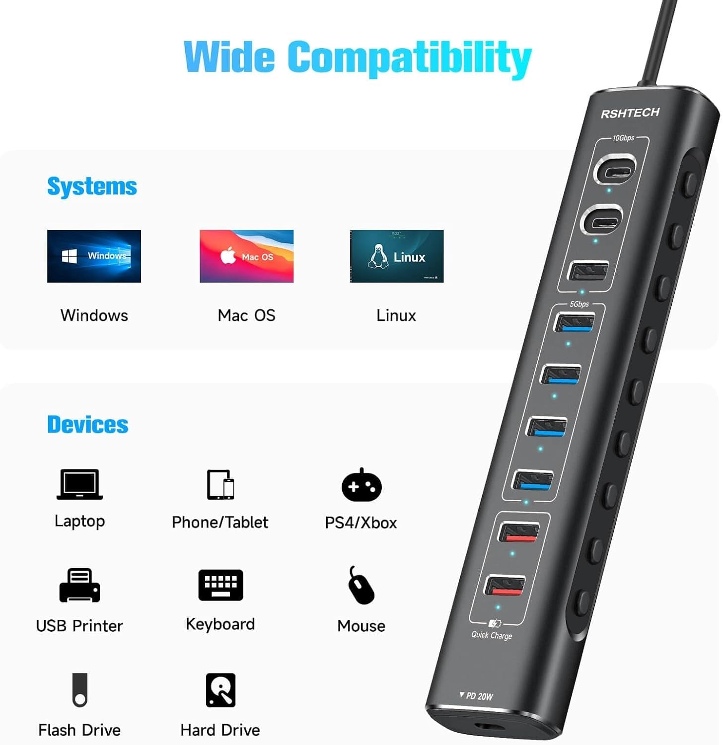 NÖRDIC Powered 10-ports USB-C & A Hub, 3x10G USB-A og USB-C USB3.2 GEN2, 4x5G USB-A USB3.2 GEN1, 1xUSB-C 20W PD, 2xUSB-A lading med individuell bryter