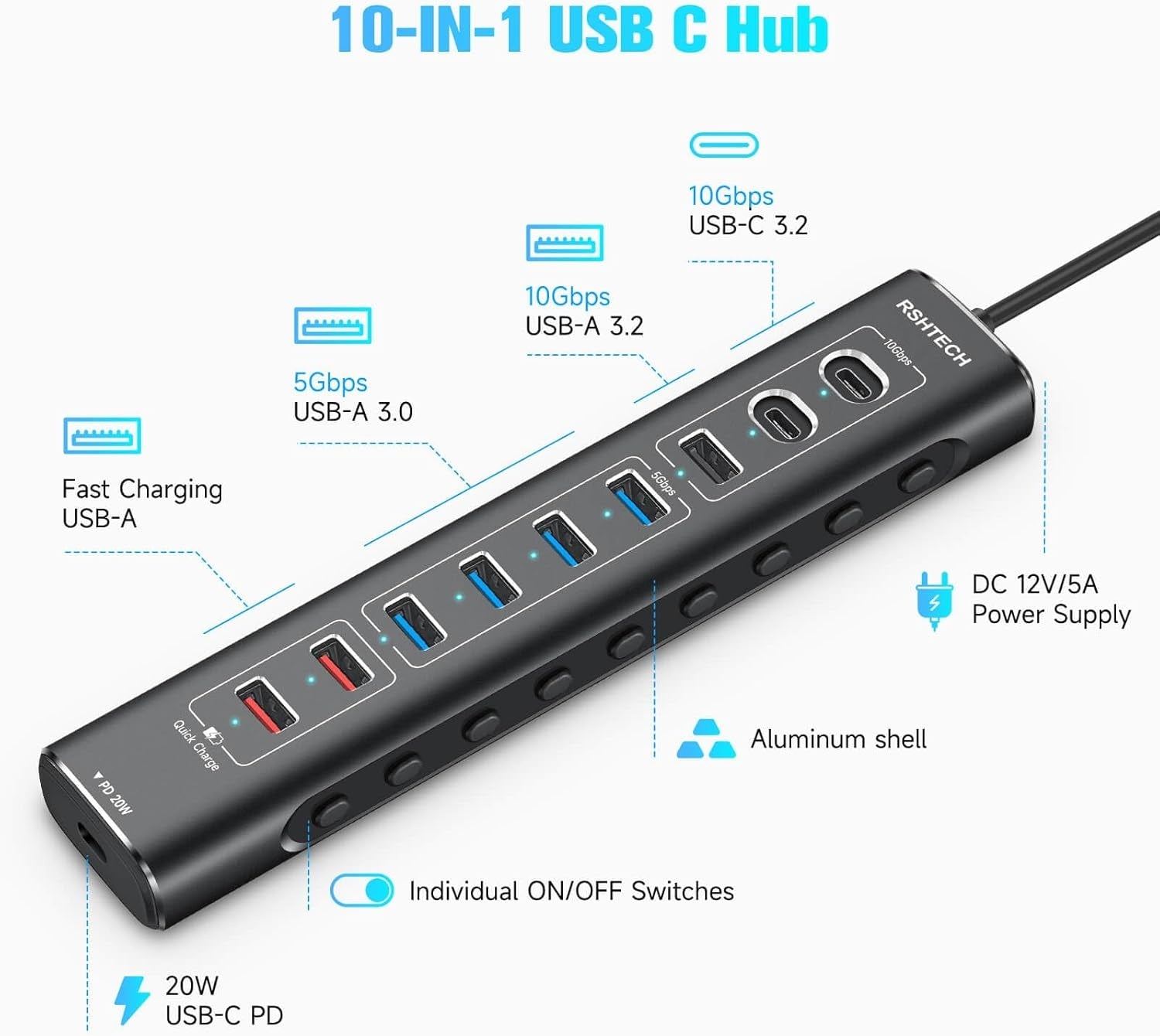 NÖRDIC Powered 10-ports USB-C & A Hub, 3x10G USB-A og USB-C USB3.2 GEN2, 4x5G USB-A USB3.2 GEN1, 1xUSB-C 20W PD, 2xUSB-A lading med individuell bryter