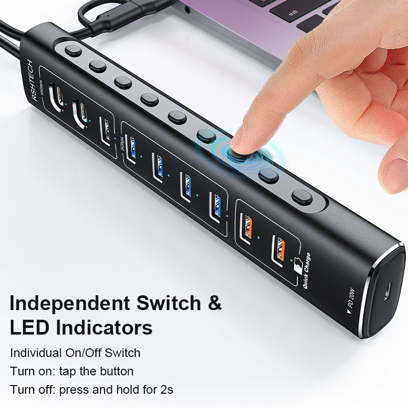 NÖRDIC Powered 10-ports USB-C & A Hub, 3x10G USB-A og USB-C USB3.2 GEN2, 4x5G USB-A USB3.2 GEN1, 1xUSB-C 20W PD, 2xUSB-A lading med individuell bryter