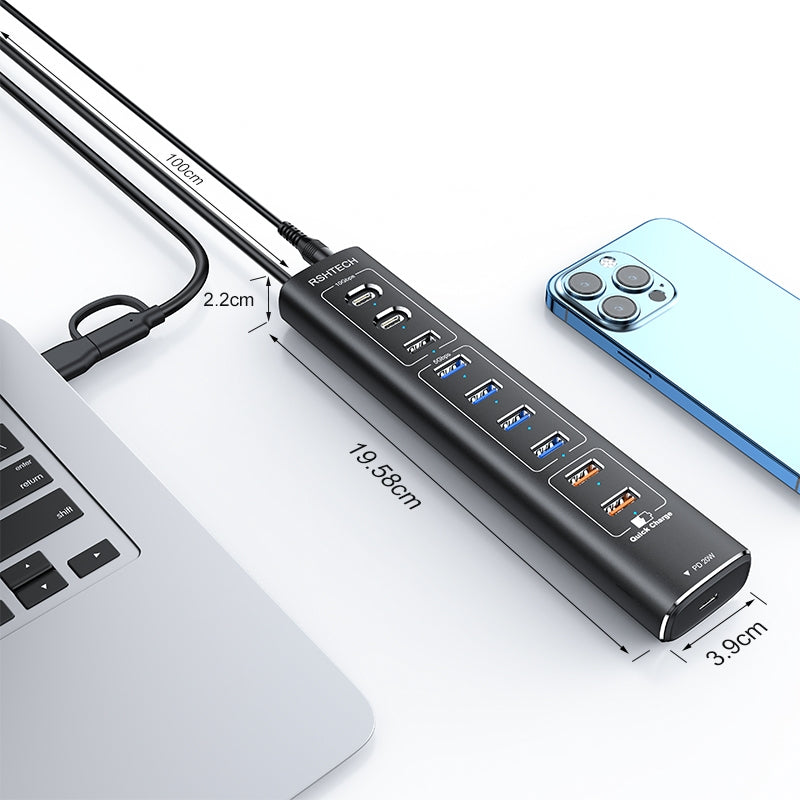 NÖRDIC Powered 10-ports USB-C & A Hub, 3x10G USB-A og USB-C USB3.2 GEN2, 4x5G USB-A USB3.2 GEN1, 1xUSB-C 20W PD, 2xUSB-A lading med individuell bryter