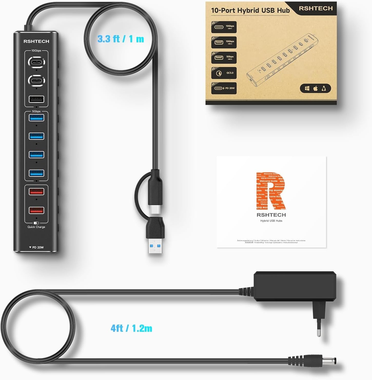NÖRDIC Powered 10-ports USB-C & A Hub, 3x10G USB-A og USB-C USB3.2 GEN2, 4x5G USB-A USB3.2 GEN1, 1xUSB-C 20W PD, 2xUSB-A lading med individuell bryter