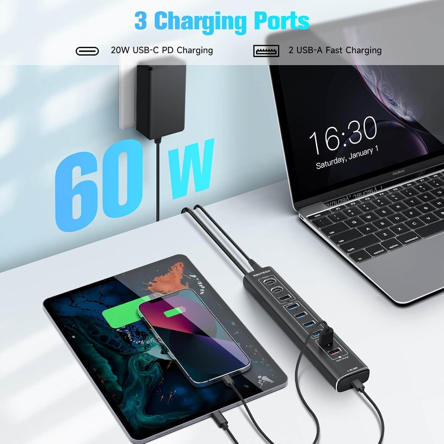 NÖRDIC Powered 10-ports USB-C & A Hub, 3x10G USB-A og USB-C USB3.2 GEN2, 4x5G USB-A USB3.2 GEN1, 1xUSB-C 20W PD, 2xUSB-A lading med individuell bryter