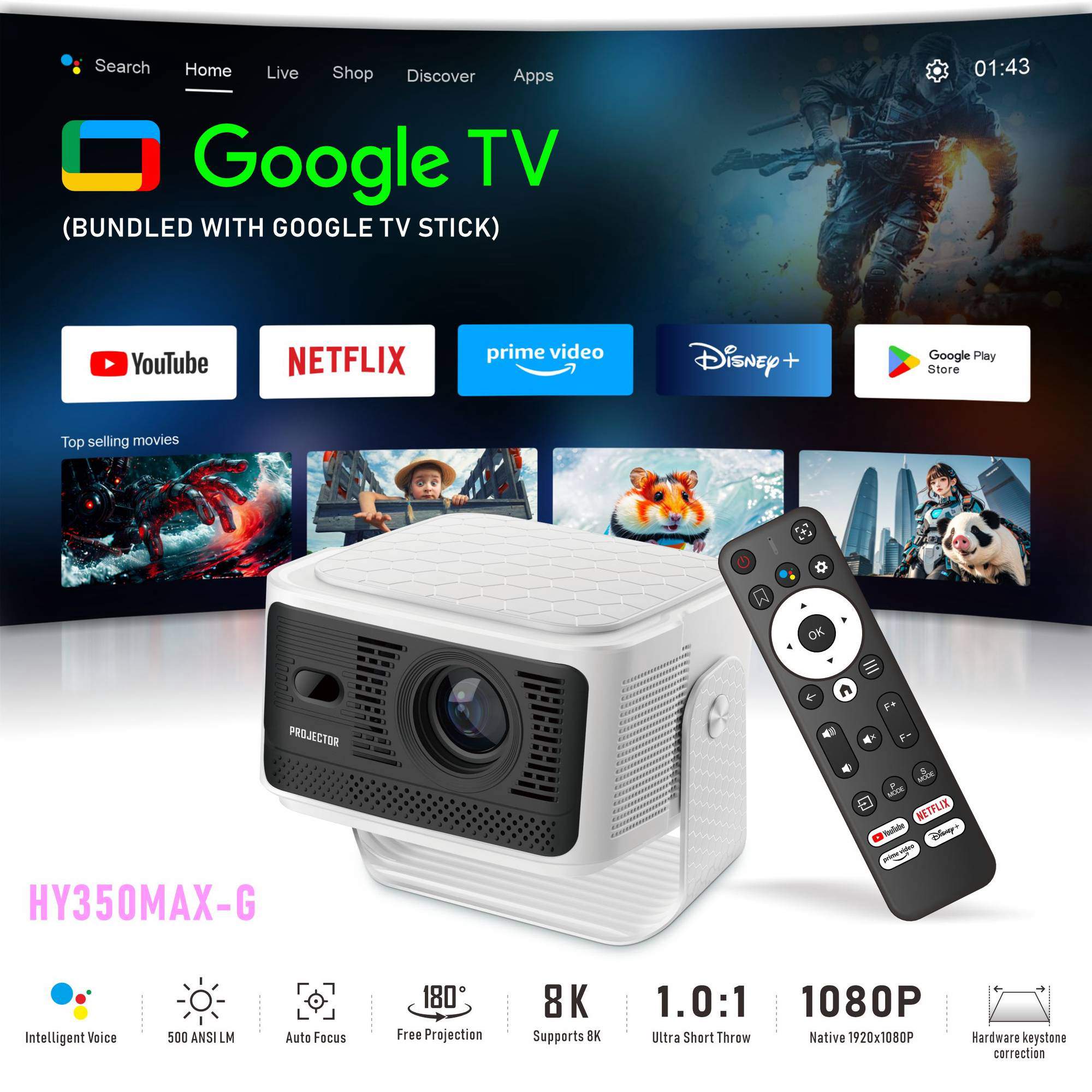 NÖRDIC Projektor Google-sertifisert 1080p 500 ANSI lumen 2.4/5G WiFi 6 Android 11