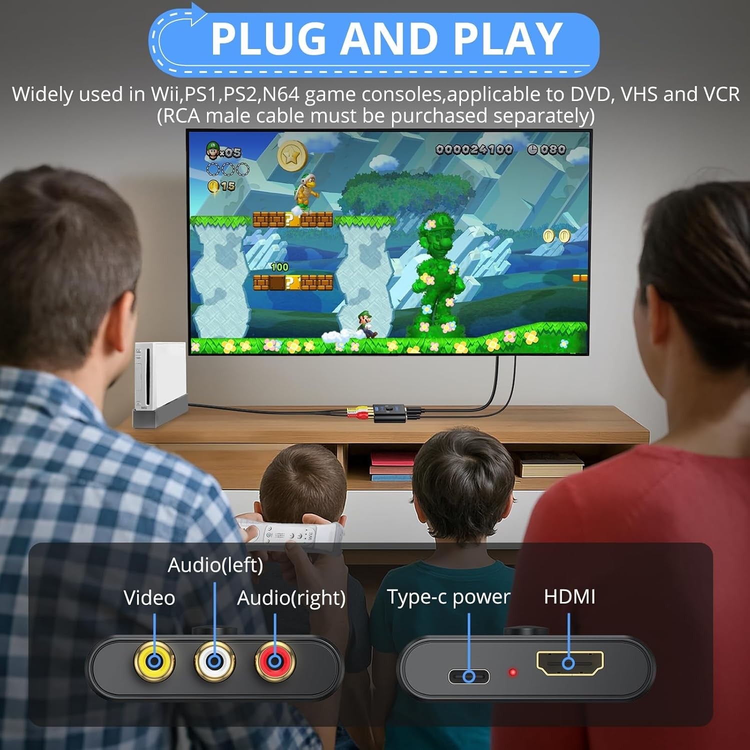 NÖRDIC RCA AV til HDMI-konverter 16:9/4:3 1080P Mini Composite CVBS Video- og Lydkonverter med støtte for PAL og NTSC