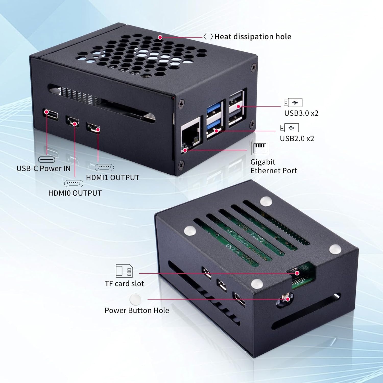 NÖRDIC Raspberry Pi 5-kabinett med Pi5-offisiell aktiv kjøler, støtte for PCIe M.2 NVMe SSD