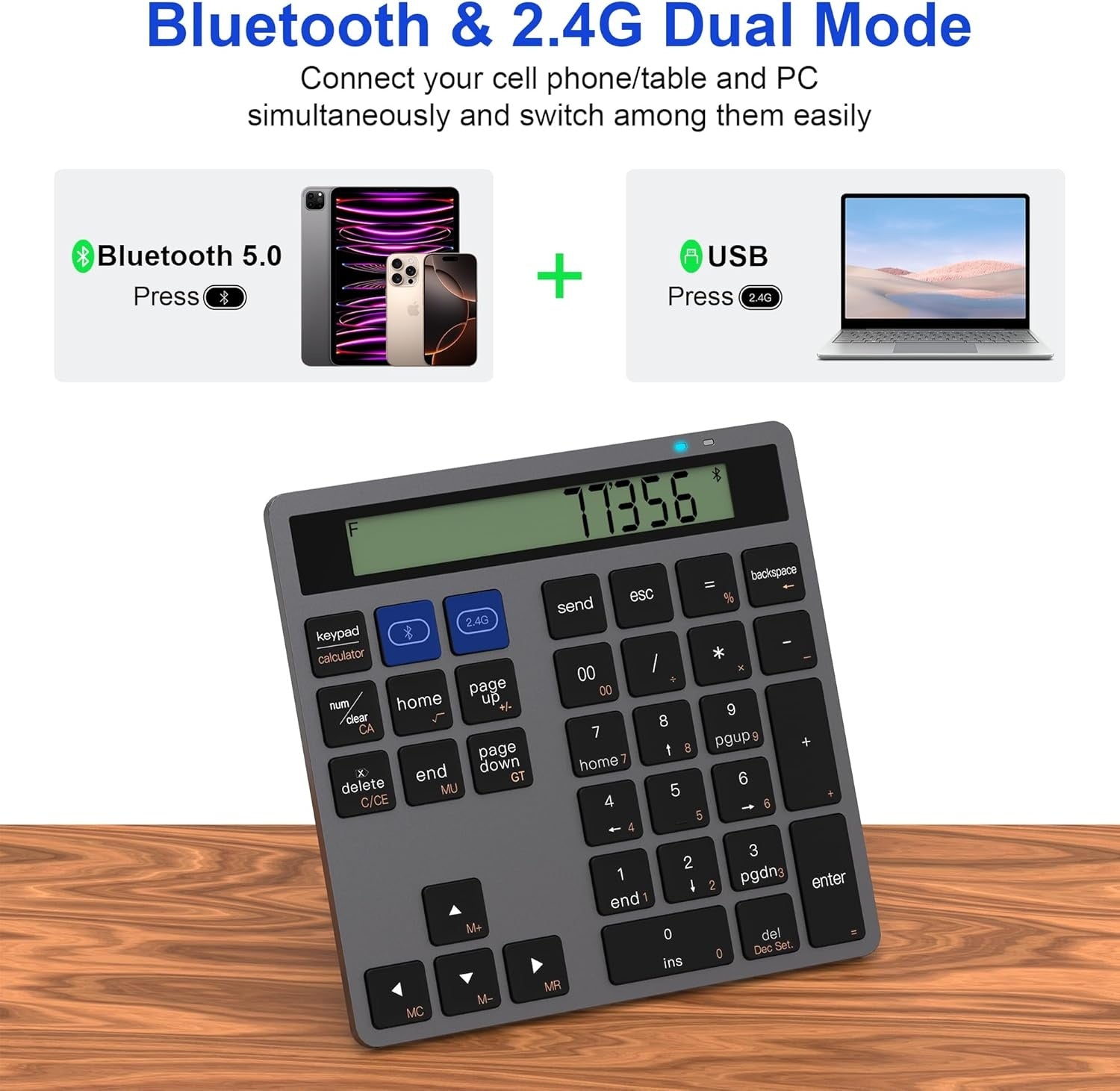NÖRDIC Slim 34-tasters numerisk tastatur med Bluetooth og display, 2-i-1 dataregistrering + kalkulator for laptop, MacBook, Mac, Surface, PC og Chrome