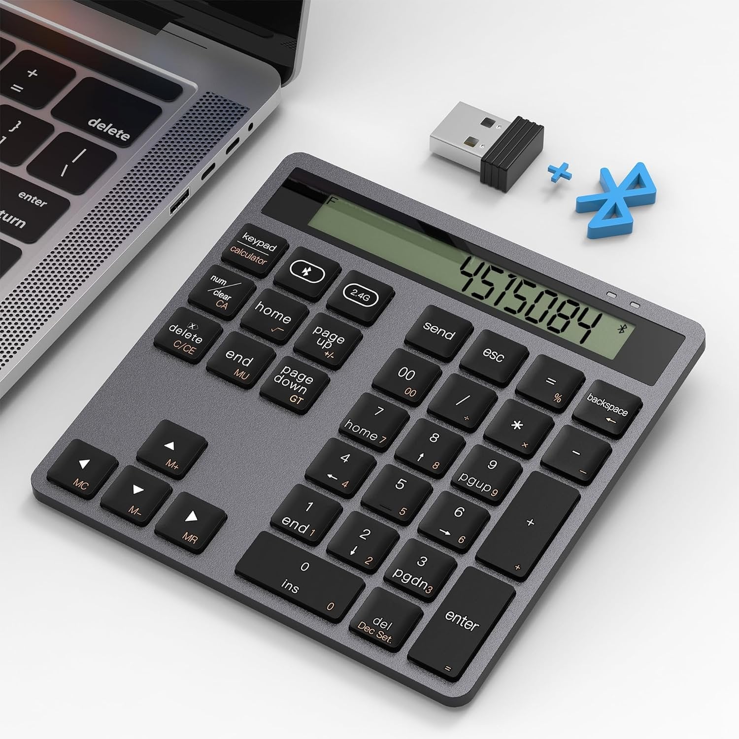 NÖRDIC Slim 34-tasters numerisk tastatur med Bluetooth og display, 2-i-1 dataregistrering + kalkulator for laptop, MacBook, Mac, Surface, PC og Chrome