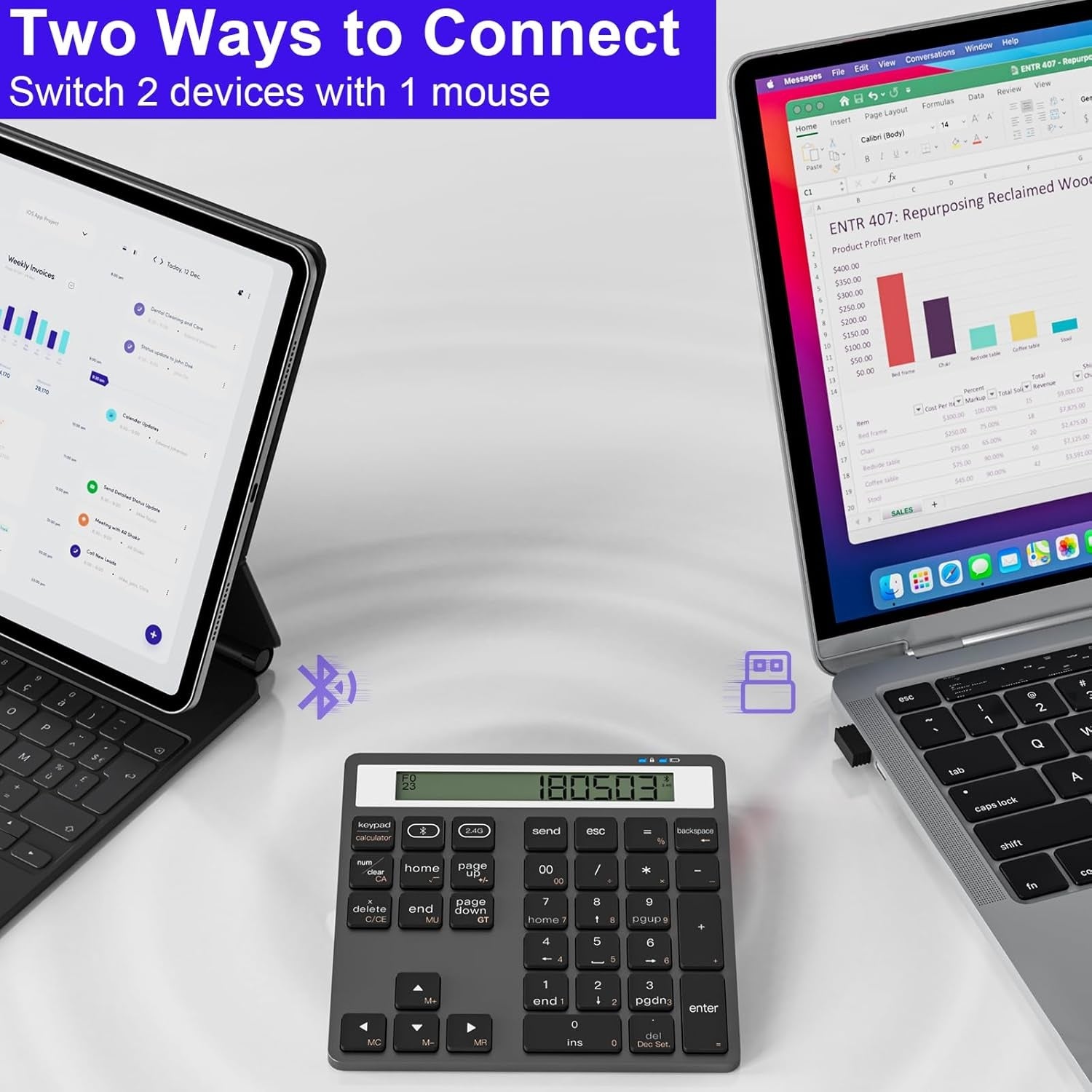 NÖRDIC Slim 34-tasters numerisk tastatur med Bluetooth og display, 2-i-1 dataregistrering + kalkulator for laptop, MacBook, Mac, Surface, PC og Chrome