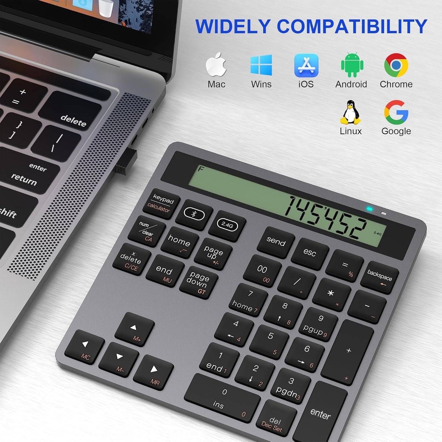 NÖRDIC Slim 34-tasters numerisk tastatur med Bluetooth og display, 2-i-1 dataregistrering + kalkulator for laptop, MacBook, Mac, Surface, PC og Chrome