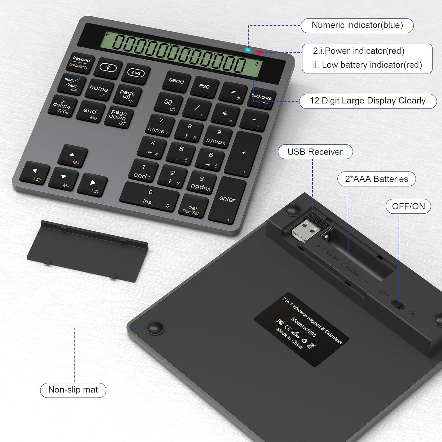 NÖRDIC Slim 34-tasters numerisk tastatur med Bluetooth og display, 2-i-1 dataregistrering + kalkulator for laptop, MacBook, Mac, Surface, PC og Chrome