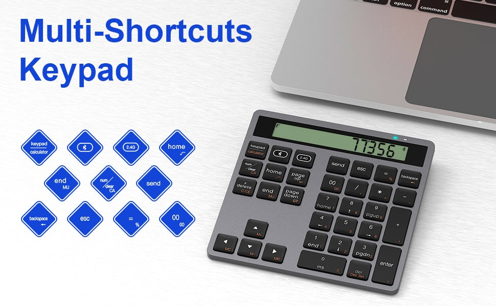 NÖRDIC Slim 34-tasters numerisk tastatur med Bluetooth og display, 2-i-1 dataregistrering + kalkulator for laptop, MacBook, Mac, Surface, PC og Chrome