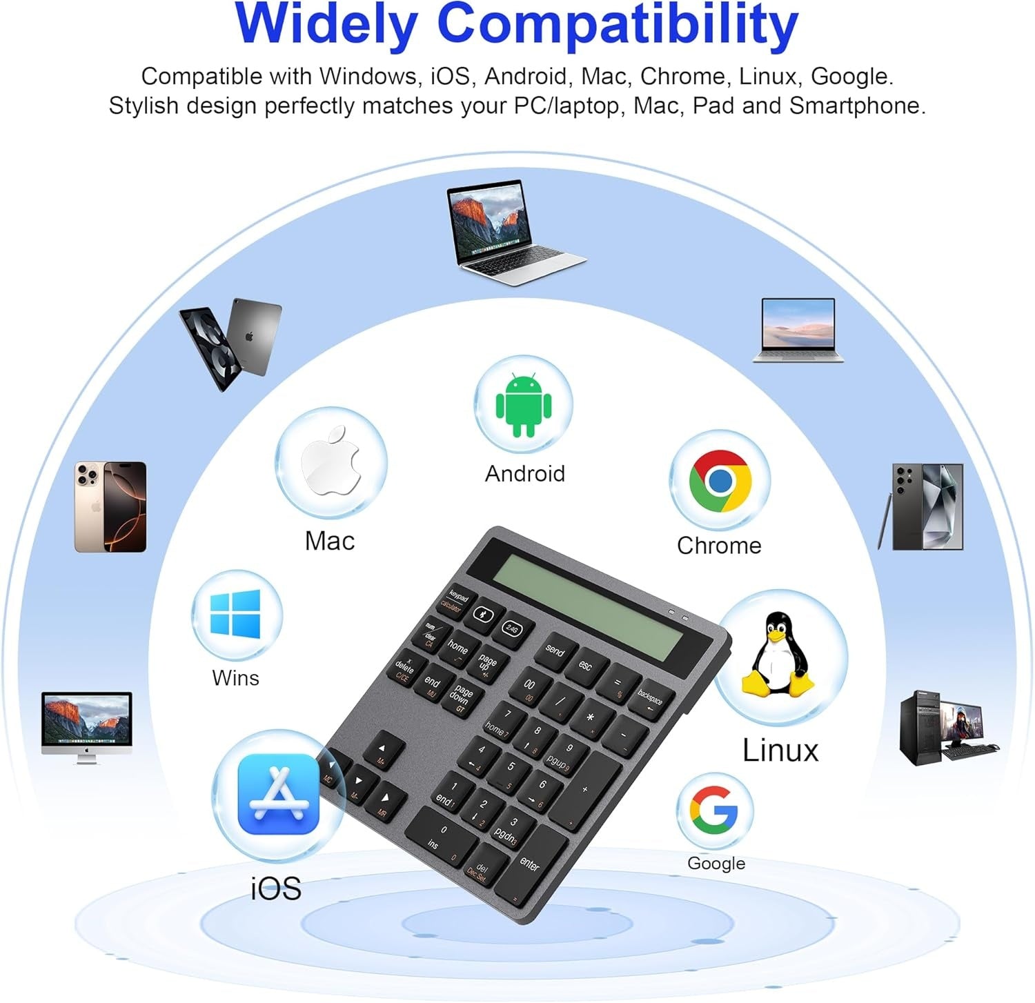 NÖRDIC Slim 34-tasters numerisk tastatur med Bluetooth og display, 2-i-1 dataregistrering + kalkulator for laptop, MacBook, Mac, Surface, PC og Chrome