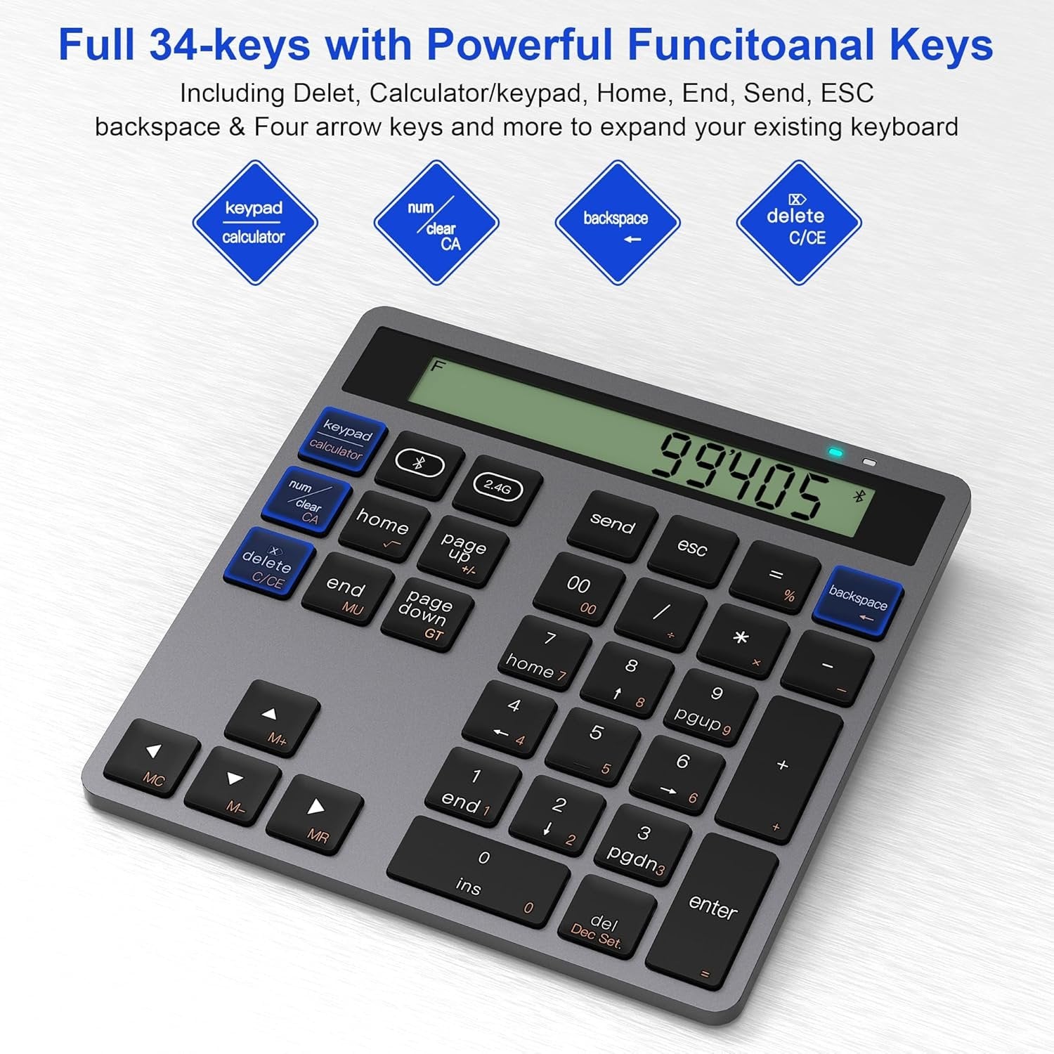 NÖRDIC Slim 34-tasters numerisk tastatur med Bluetooth og display, 2-i-1 dataregistrering + kalkulator for laptop, MacBook, Mac, Surface, PC og Chrome