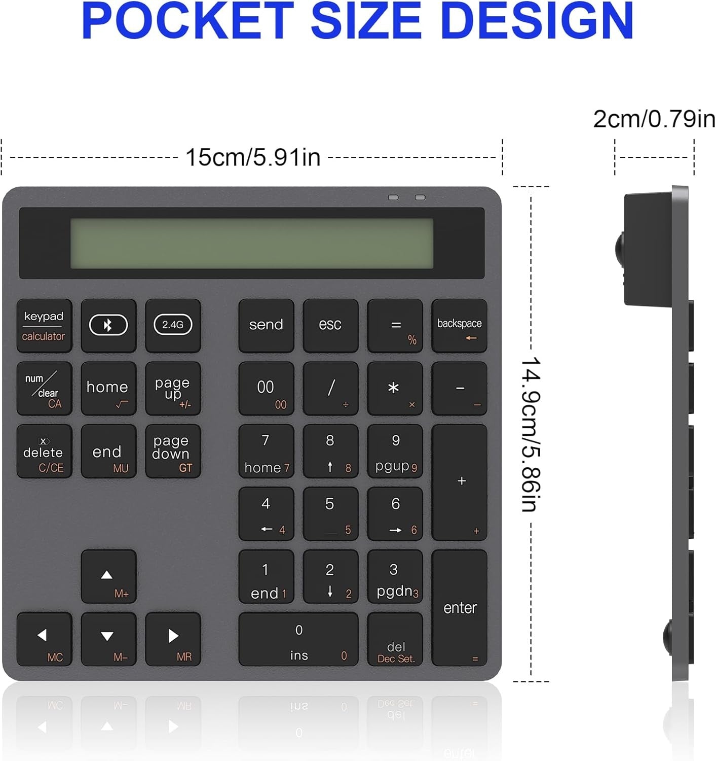 NÖRDIC Slim 34-tasters numerisk tastatur med Bluetooth og display, 2-i-1 dataregistrering + kalkulator for laptop, MacBook, Mac, Surface, PC og Chrome