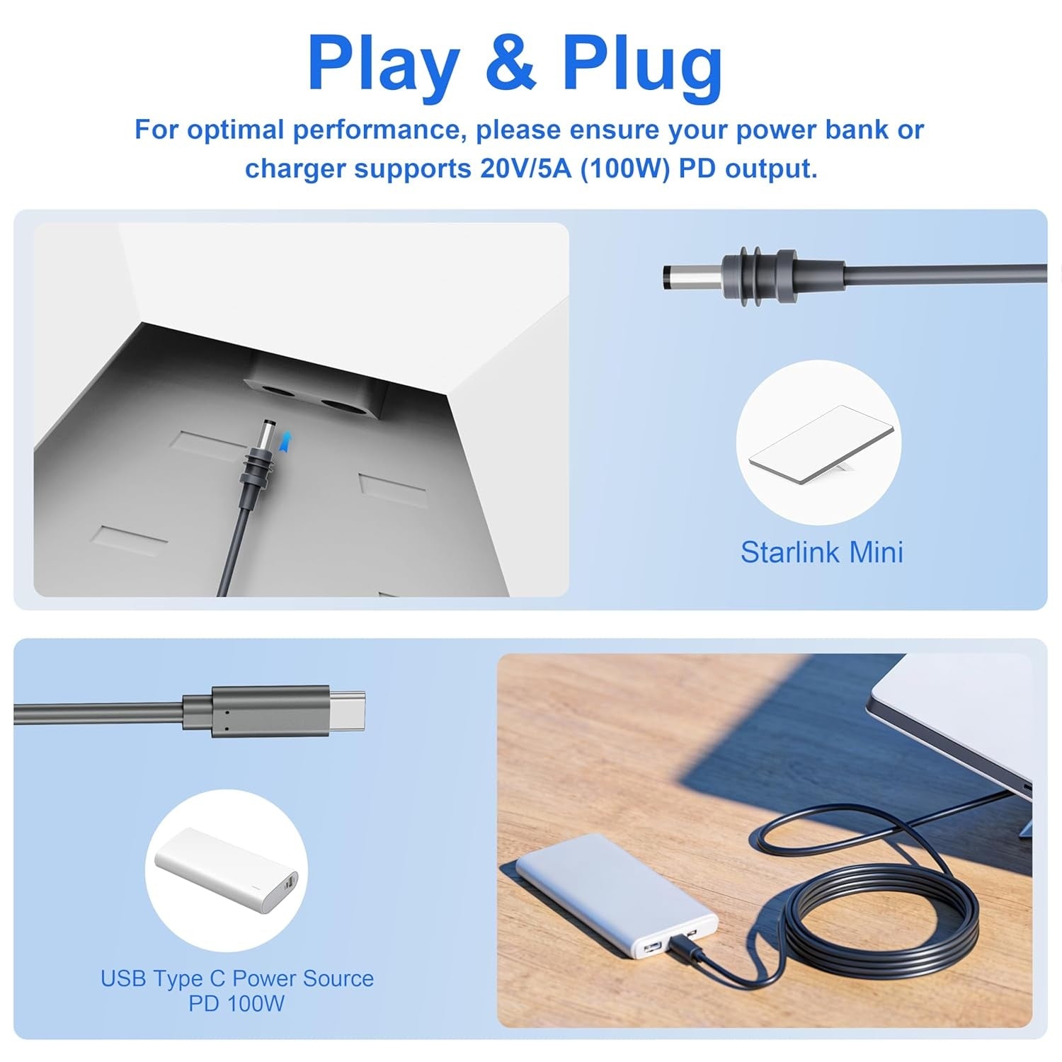 Starlink Mini-kabel 3 m USB-C til DC Vanntett 100W Inngang Utendørs Camping Reise Arbeid