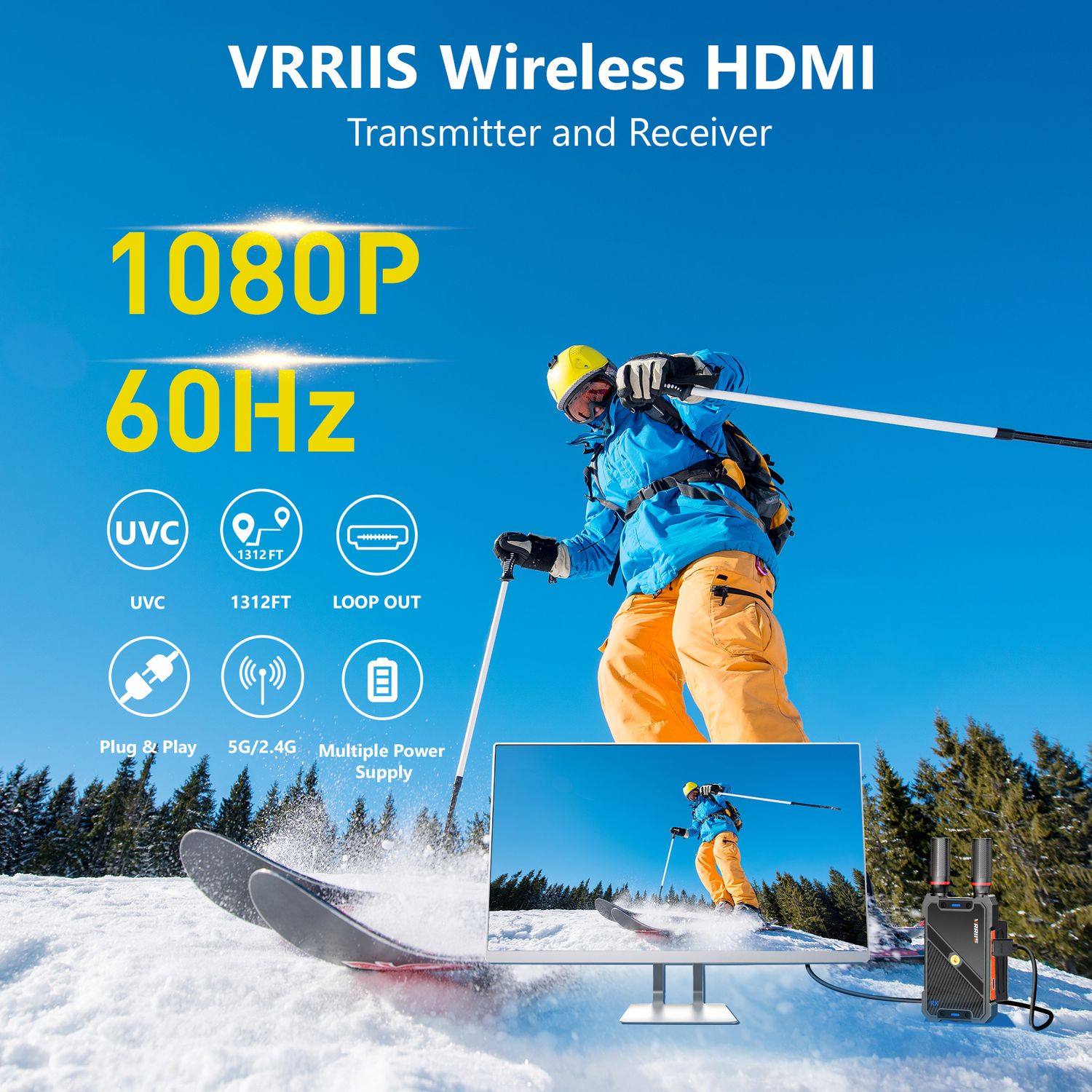 NÖRDIC Trådløs HDMI-sender og Mottaker, 1080P Full HD Trådløst Video-overføringssystem med Loop Out, 400m