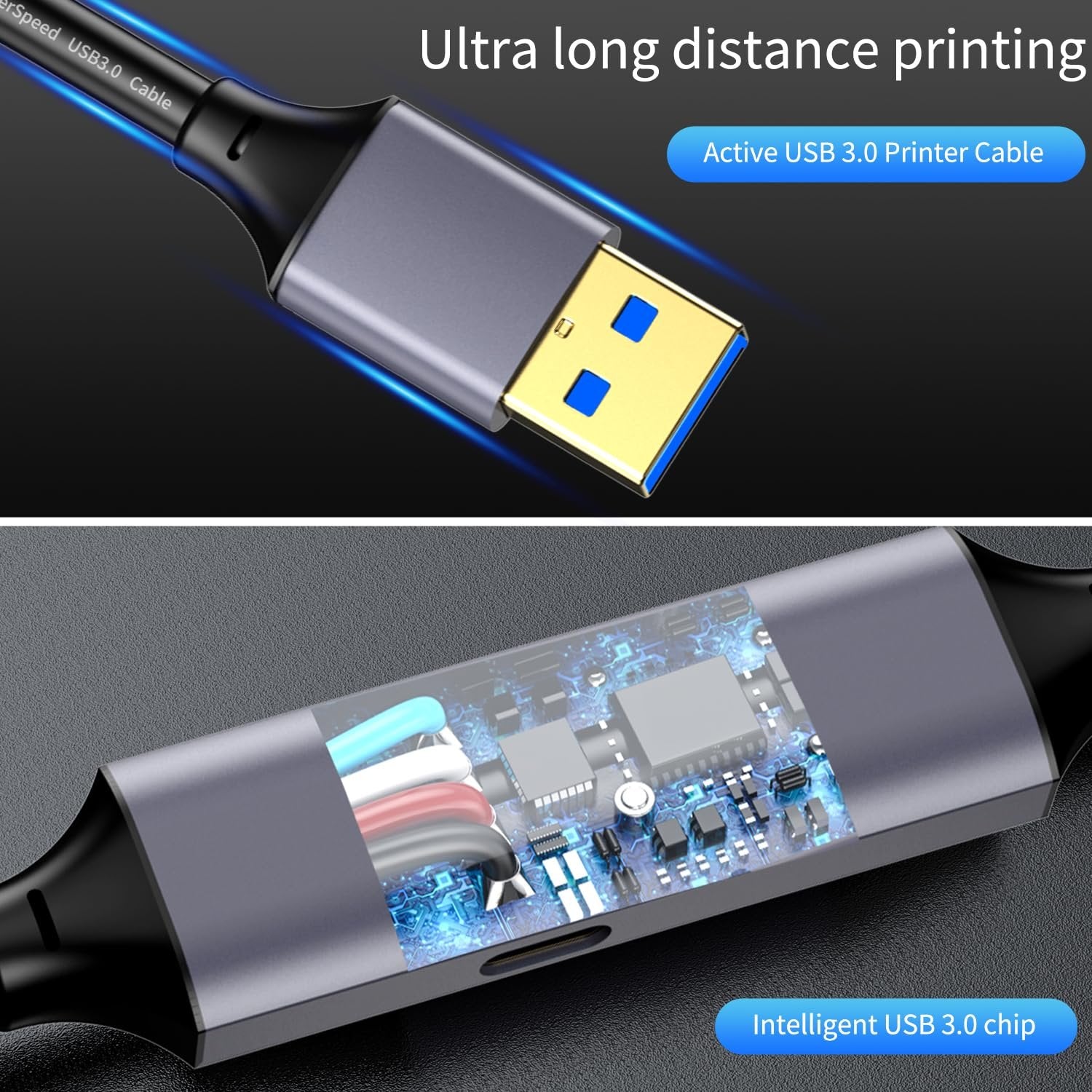 NÖRDIC USB 3.0 Aktiv Skriverkabel - 10m USB A til USB B 3.0 Kompatibel med skriver, konferansekamera, dokkingstasjon, harddisk og mer