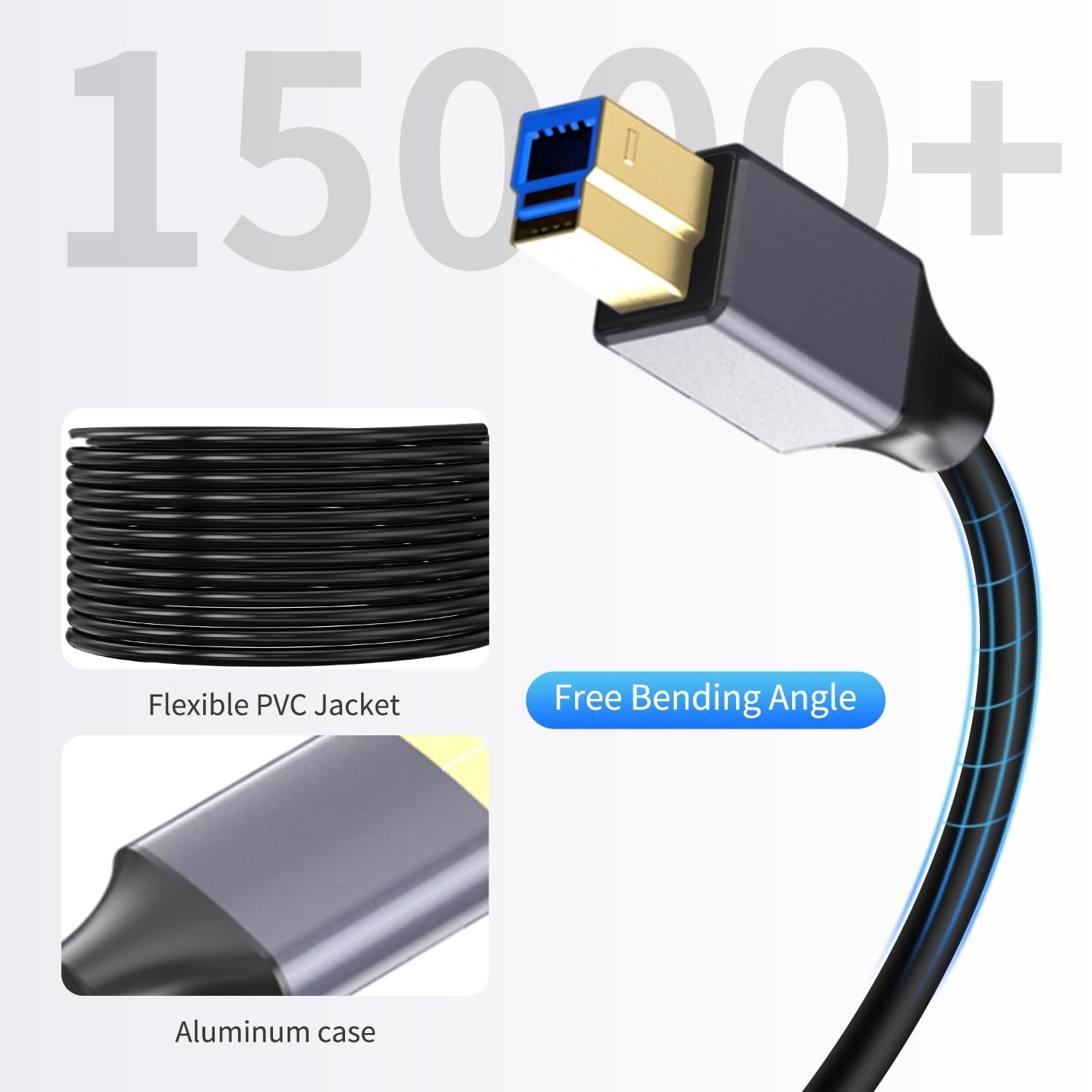 NÖRDIC USB 3.0 Aktiv Skriverkabel - 15m USB A til USB B 3.0 Kompatibel med skriver, konferansekamera, dokkingstasjon, harddisk og mer