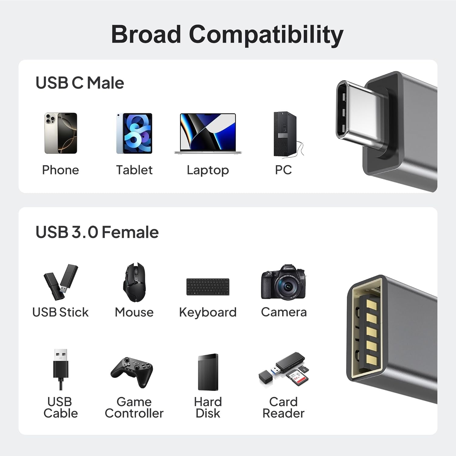NÖRDIC USB A 3.0 OTG Kvinne til USB C Mann Adapter Metall Svart
