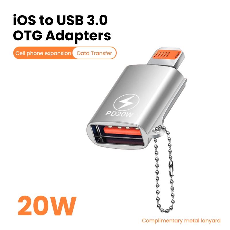 NÖRDIC USB-A 3.1 OTG hunn-til Lightning hann-adapter, Lightning-adapter for synkronisering og lading, aluminium sølv