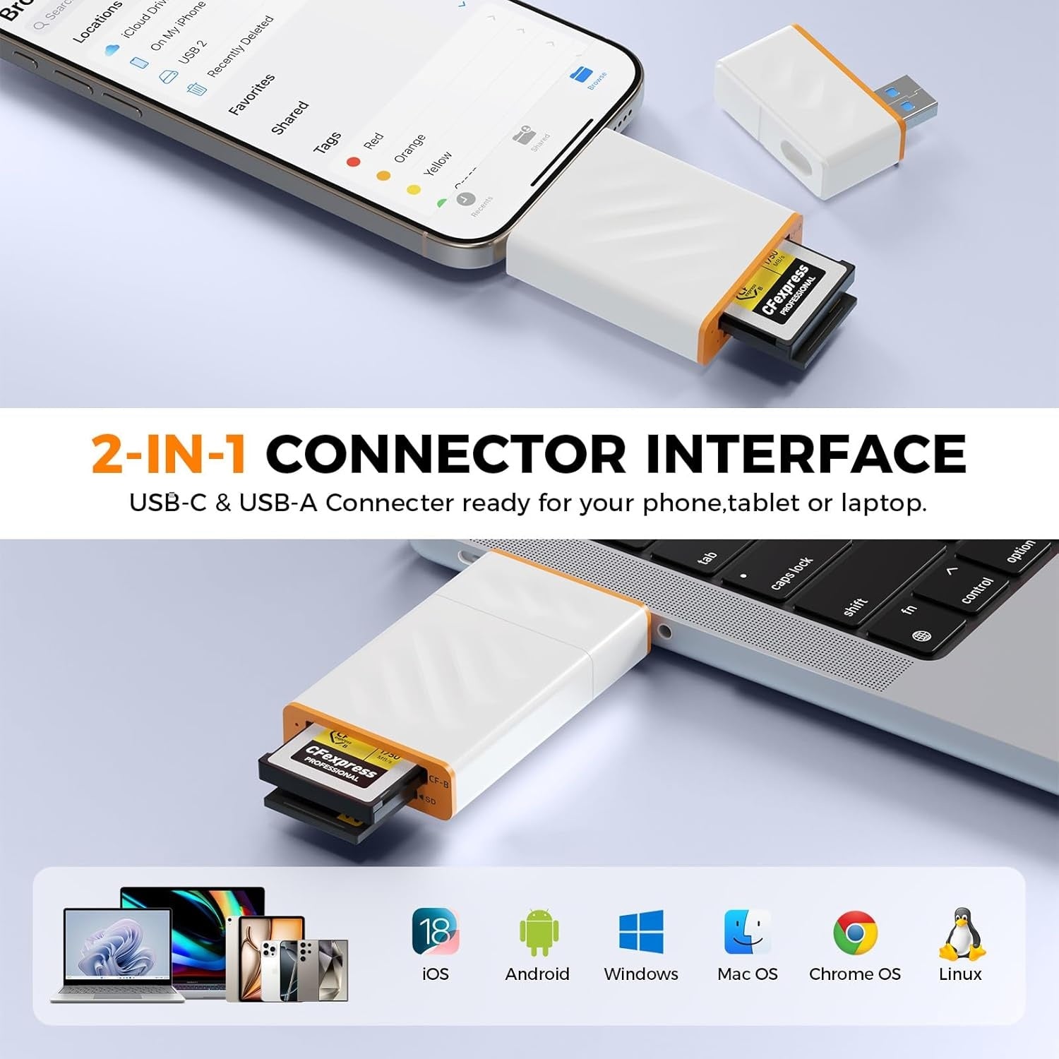 NÖRDIC USB-A, USB-C 3.0 Kortleser 2 Slot CFexpress Type B, SD3.0 UHS-I