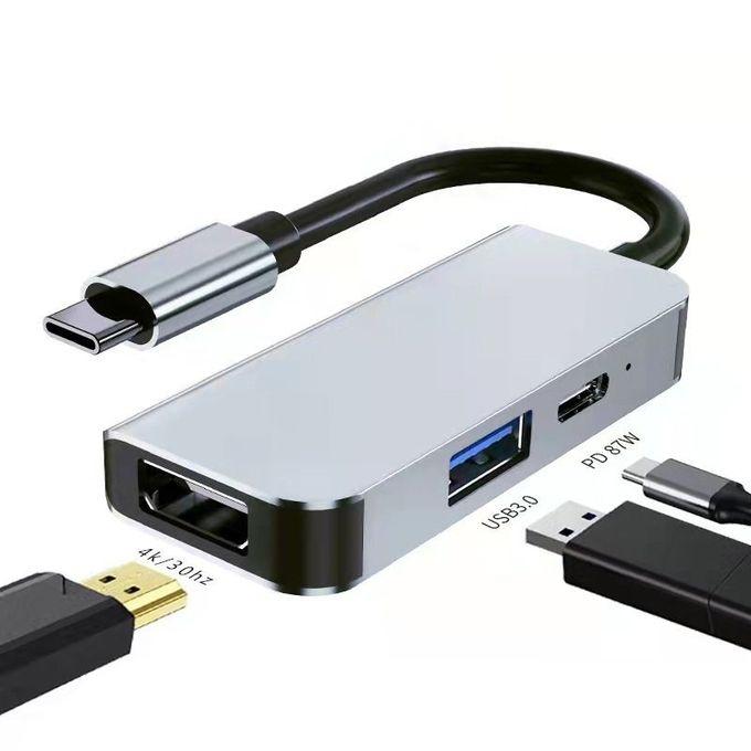 NÖRDIC USB-C 1 til 3 dokkingstasjon 1xHDMI 4K30Hz 1x USB-C PD 87W 1xUSB-A 5Gbps speil og utvidet