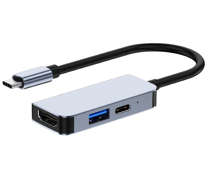 NÖRDIC USB-C 1 til 3 dokkingstasjon 1xHDMI 4K30Hz 1x USB-C PD 87W 1xUSB-A 5Gbps speil og utvidet