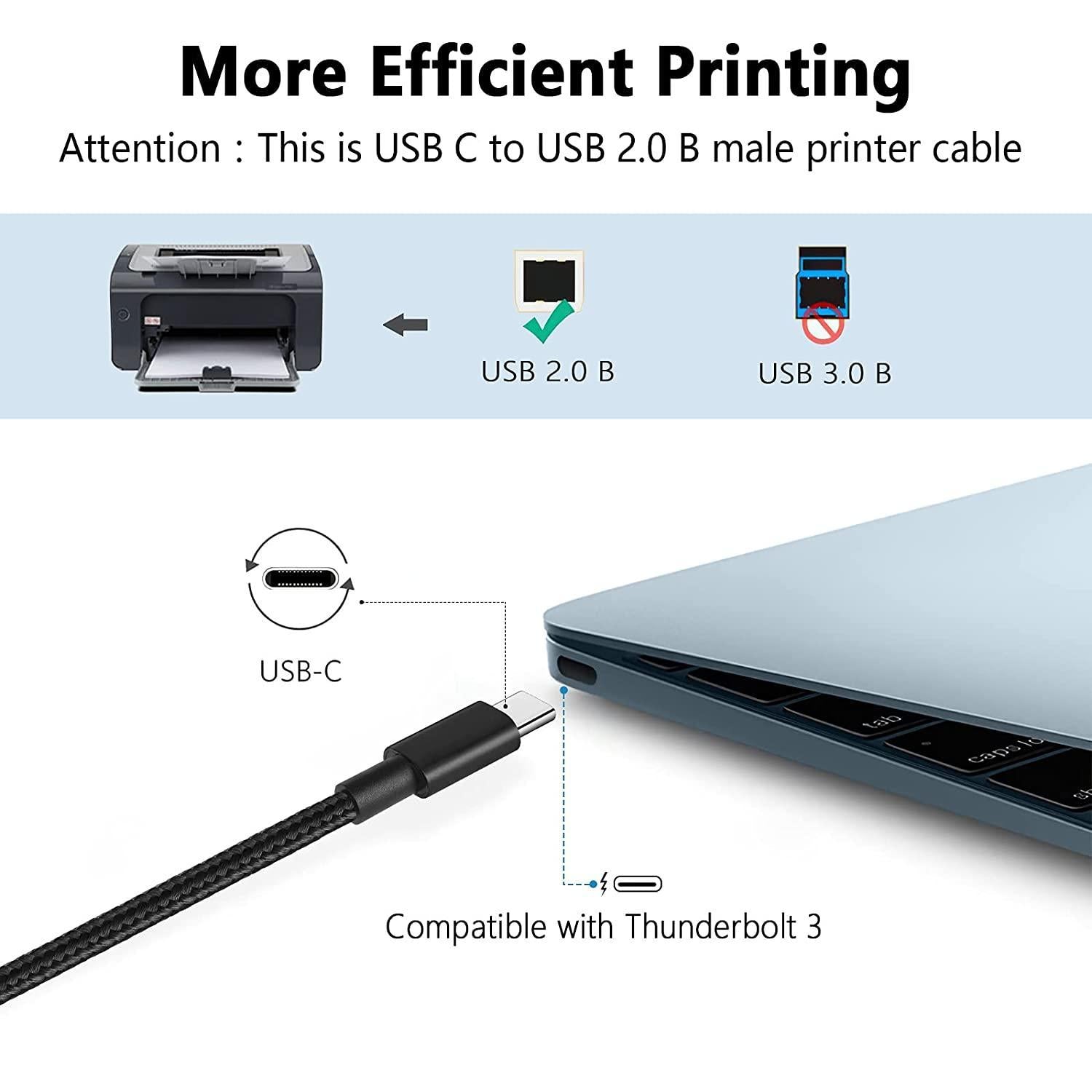 NÖRDIC USB-C 2.0 til USB 2.0 B datakabel 2m USB-skriverkabel