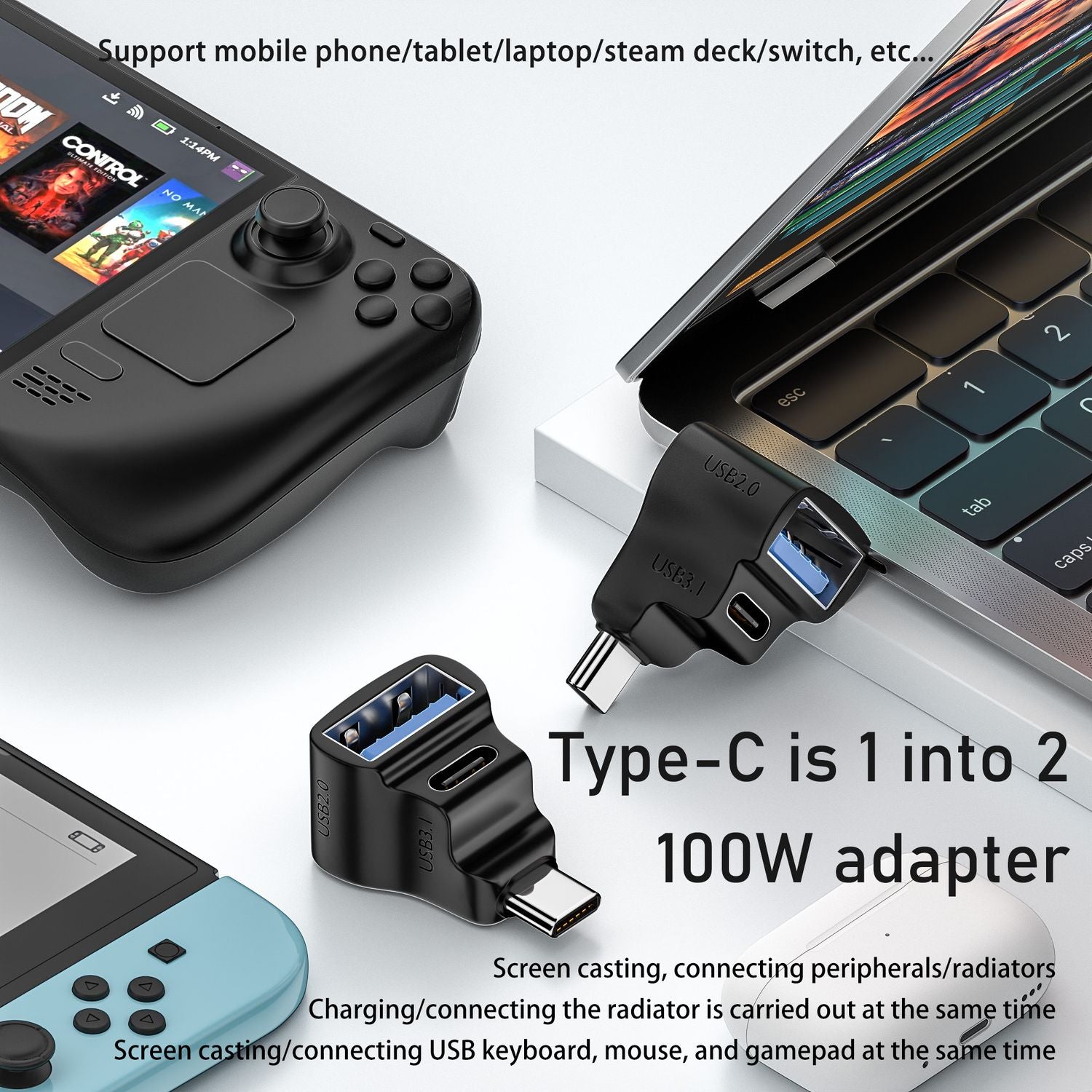NÖRDIC USB-C-adapter 1 til 2 USB-C 3.1 + USB-A 10 Gbps 4K60Hz 100W PD