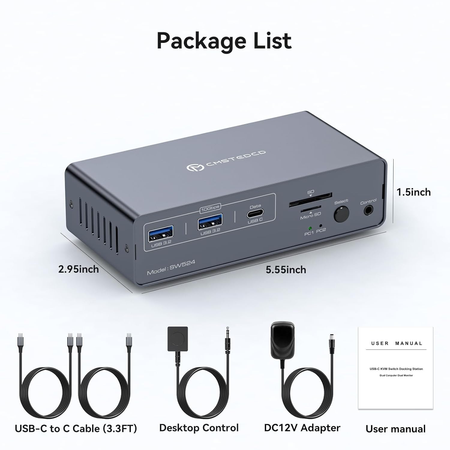 NÖRDIC USB-C Dokkingstasjon med KVM-switch 2 PC 2 skjermer 4K60Hz HDMI EDID 12-i-1 Gigabit Ethernet, kortleser, 5xUSB-A og USB-C