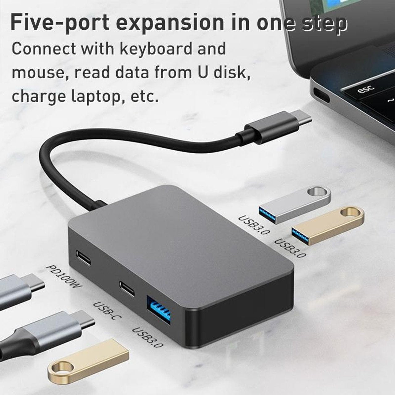 NÖRDIC 5 porter USB-C-hub 3xUSB-A 3.1 5Gbps 1xUSB-C 480Mbps 1xUSB-C PD 90W