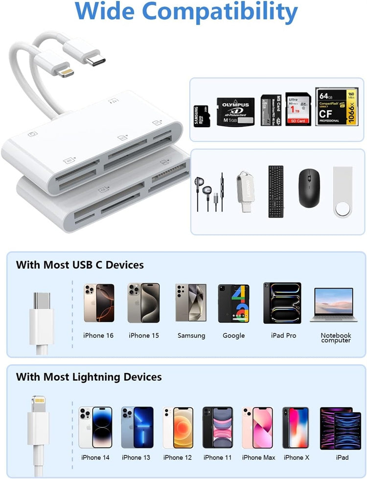 NÖRDIC USB-C/Lightning-kortleser 5-spors CF, SD, MicroSD, MS, XD 1xUSB-A 1xUSB-C UHS-I