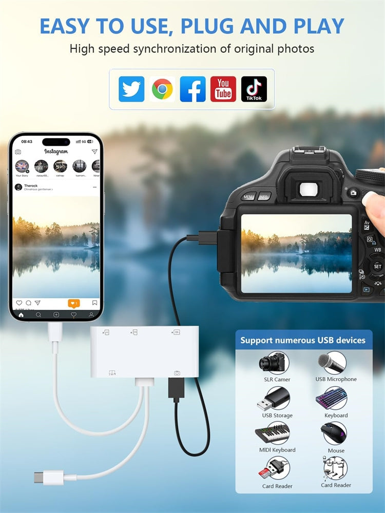 NÖRDIC USB-C/Lightning-kortleser 5-spors CF, SD, MicroSD, MS, XD 1xUSB-A 1xUSB-C UHS-I