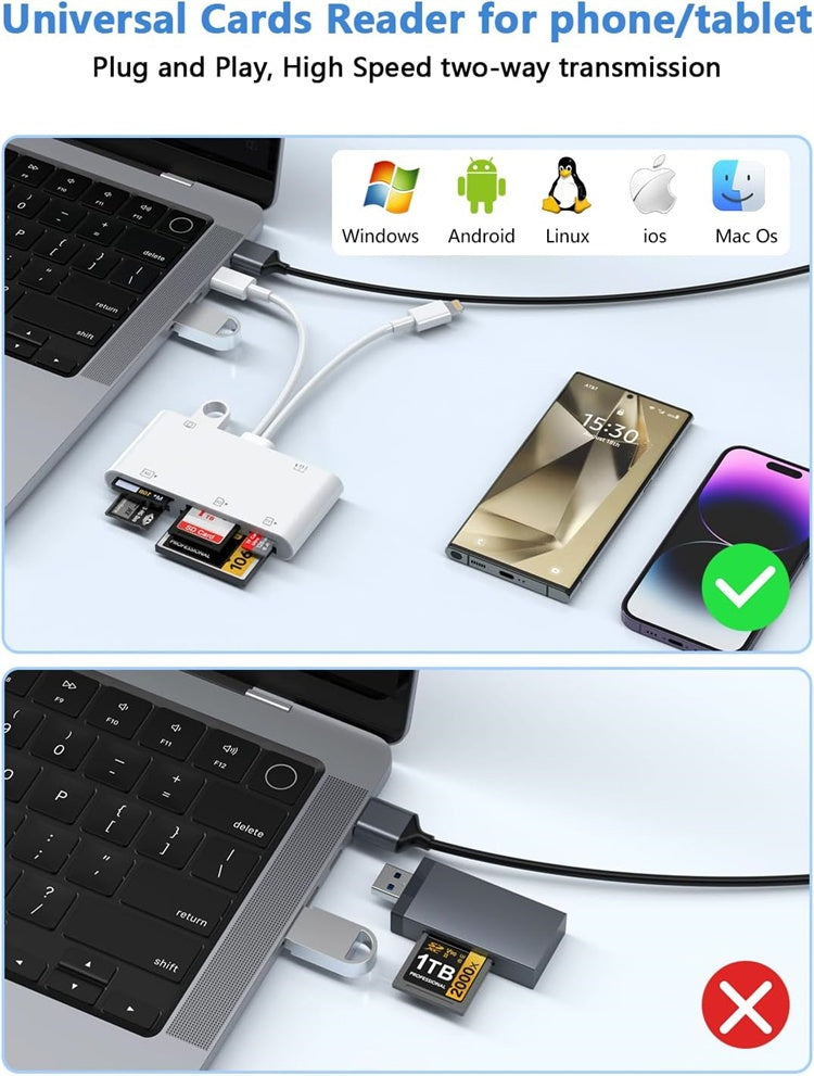 NÖRDIC USB-C/Lightning-kortleser 5-spors CF, SD, MicroSD, MS, XD 1xUSB-A 1xUSB-C UHS-I