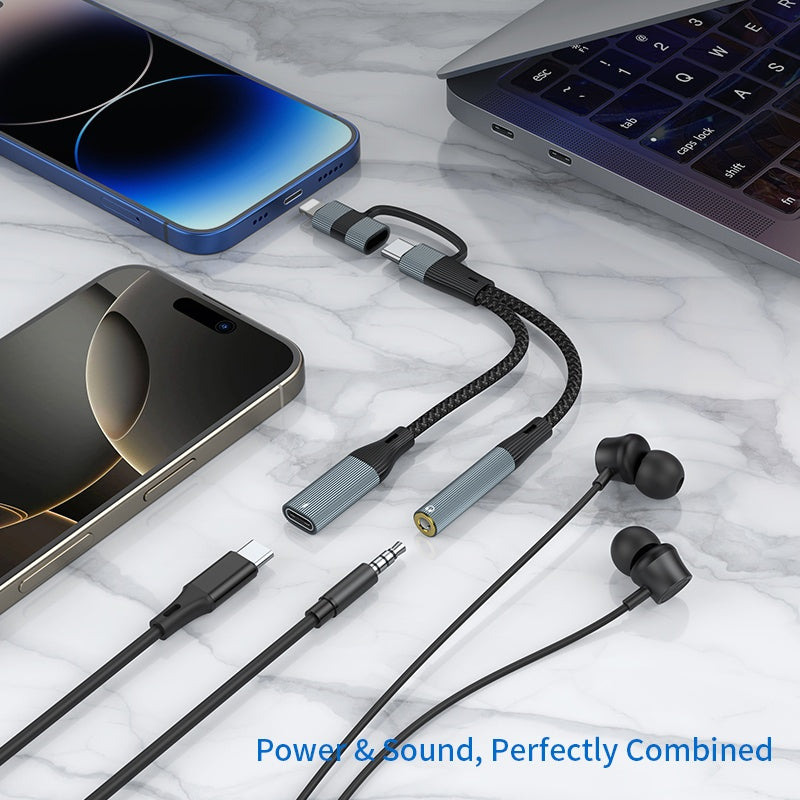 NÖRDIC USB-C+Lightning til lyd 3,5 mm PD60W USB-C 15 cm