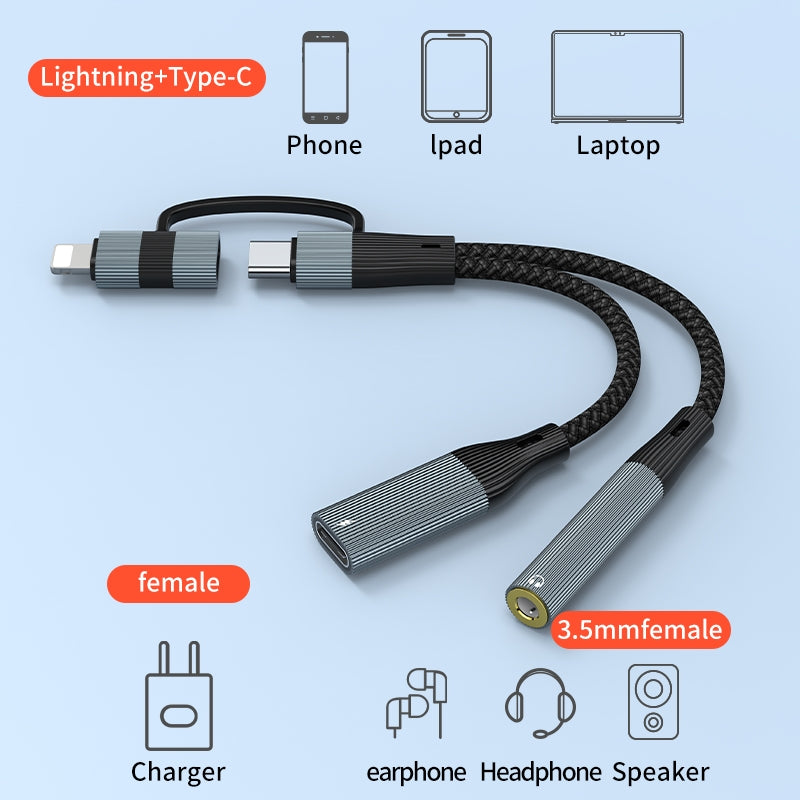 NÖRDIC USB-C+Lightning til lyd 3,5 mm PD60W USB-C 15 cm