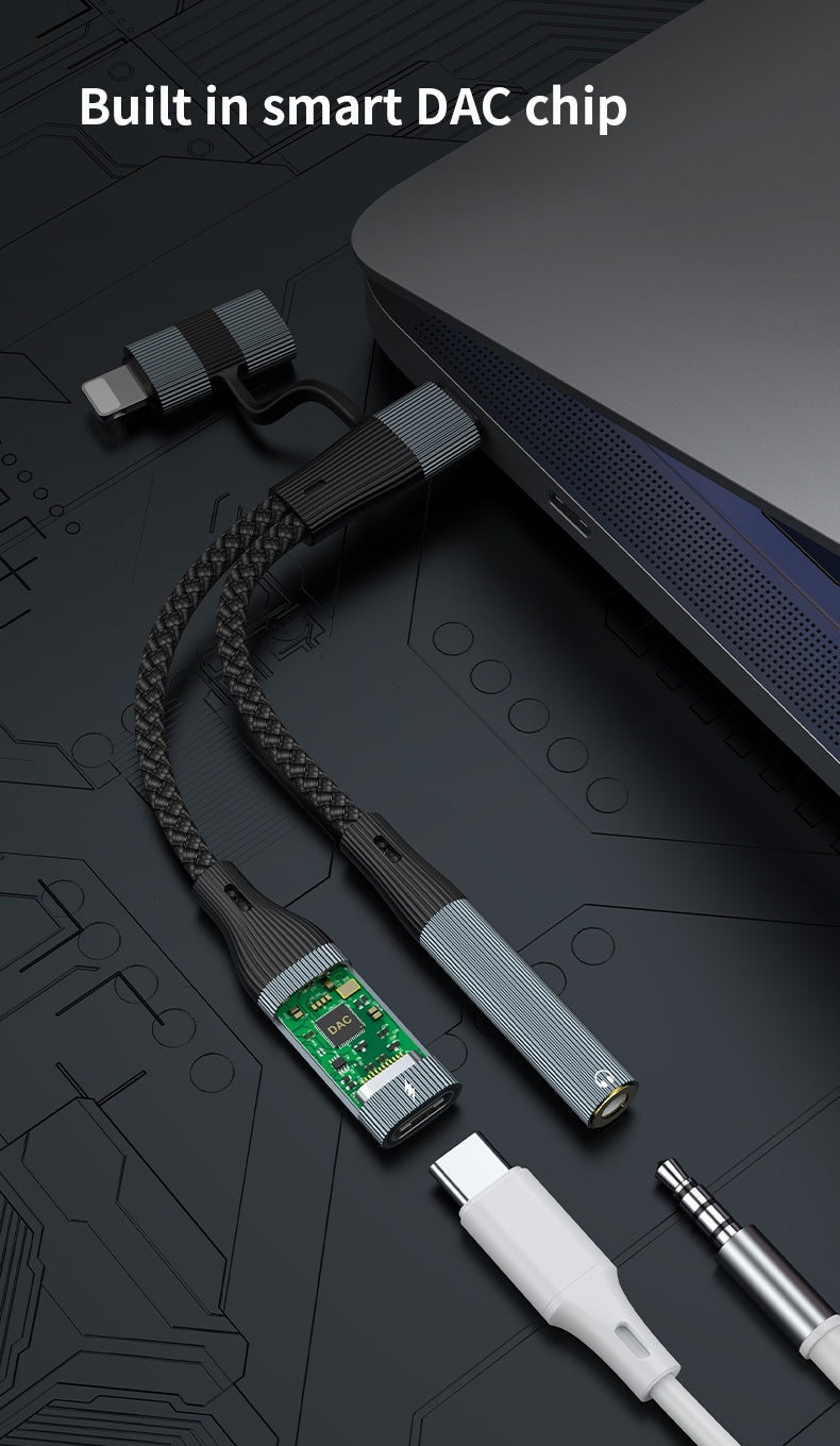 NÖRDIC USB-C+Lightning til lyd 3,5 mm PD60W USB-C 15 cm