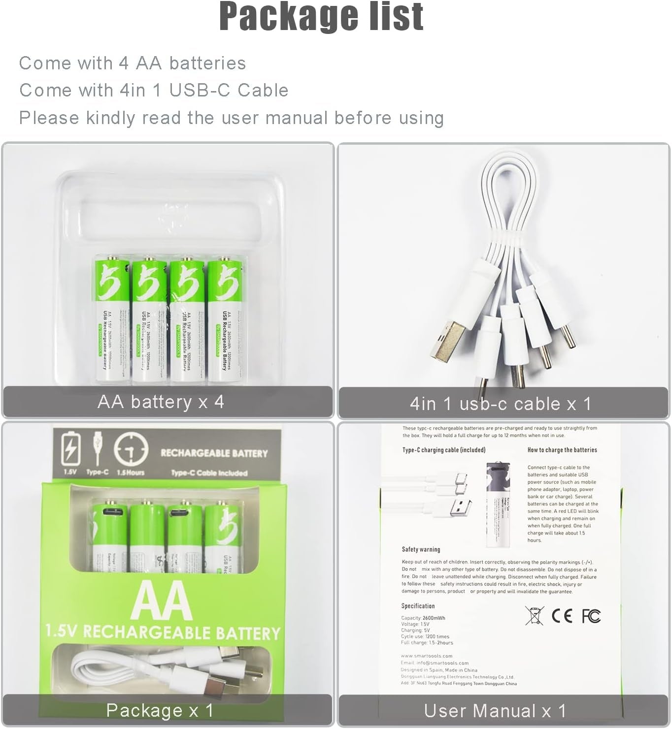 NÖRDIC USB-C Rechargeable batteries 4-pack AA