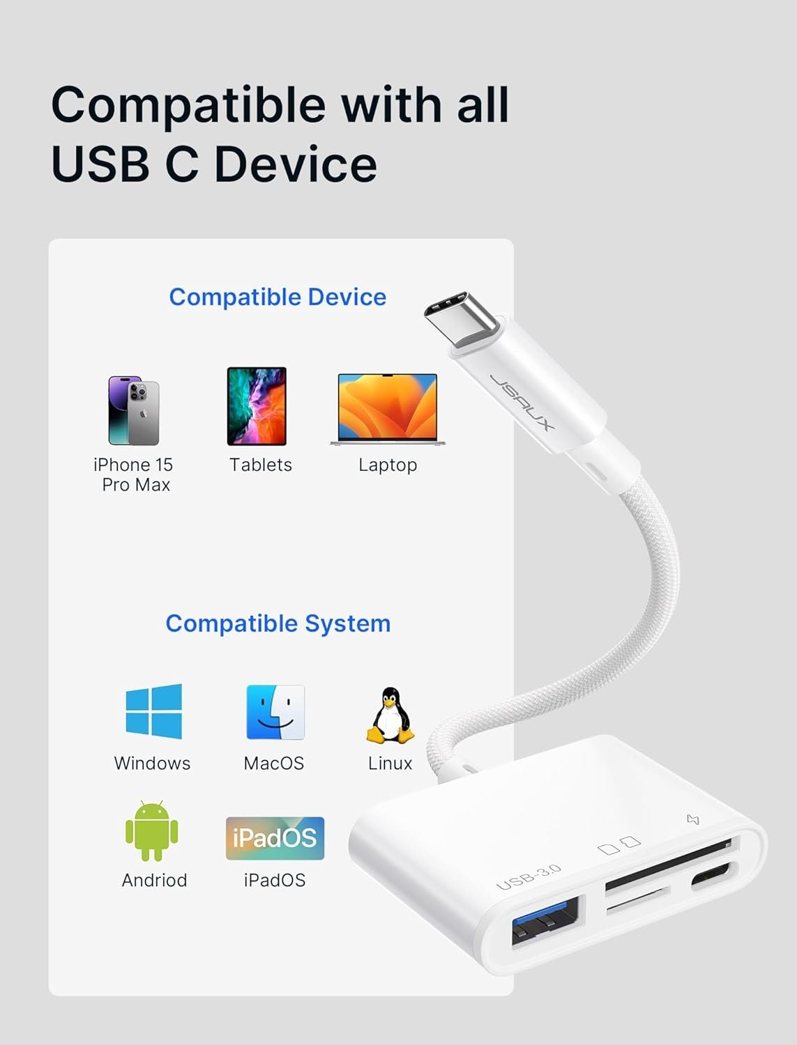 NÖRDIC USB-C kortleser 2 spor SD, MicroSD 1xUSB-A 1xUSB-C UHS-I