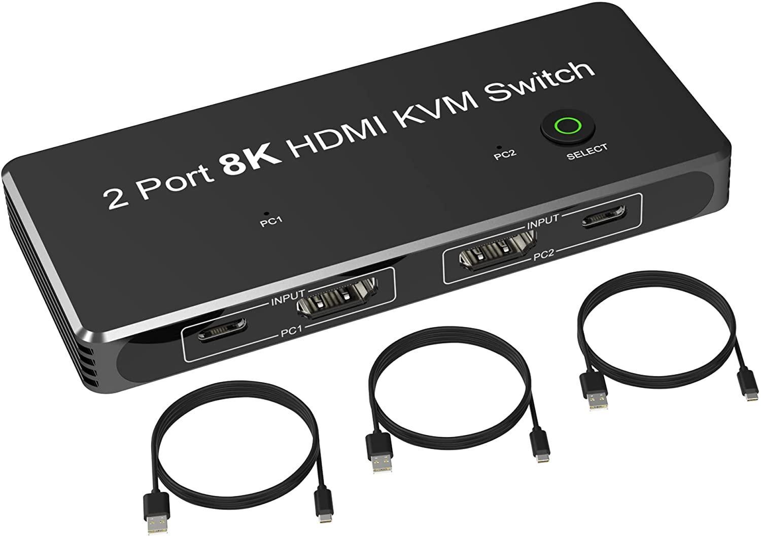 NÖRDIC HDMI 2.1 8K60Hz KVM-svitsj 2 til 1 HDCP2.3 HDR10 med 4xUSB-A-utgang