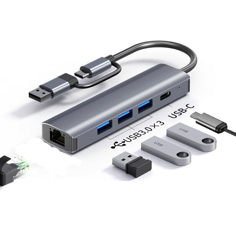 NÖRDIC USB Hub USB-C eller A til 3xUSB-A 3.0 1xUSB-C 5Gbps 1xRJ45 Giga LAN