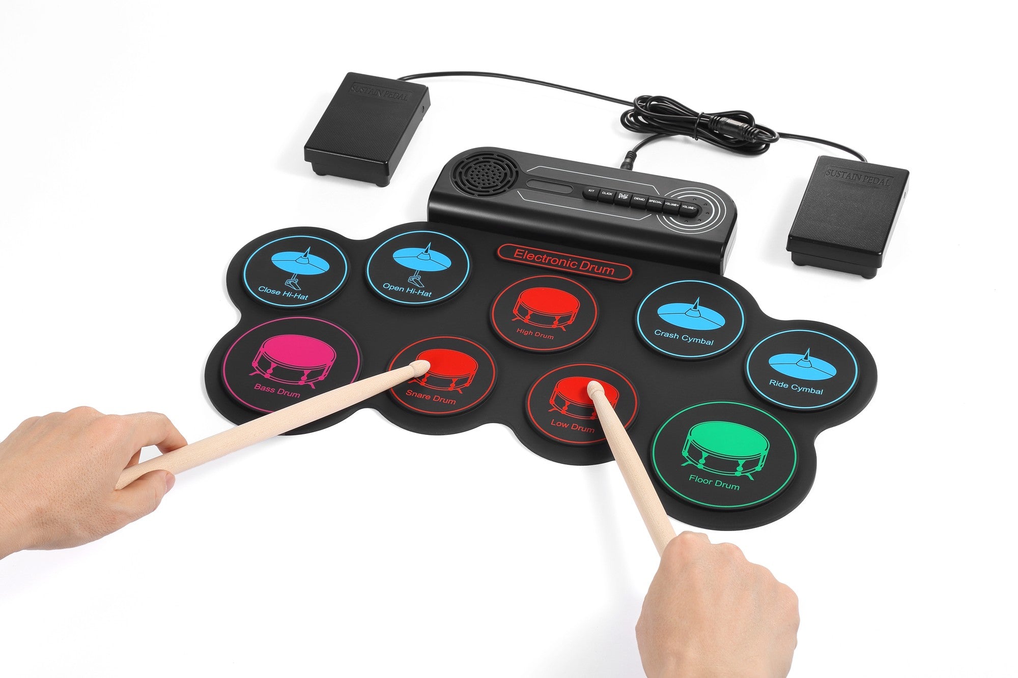 NÖRDIC USB MIDI Electronic Portable Drum Roll Up Pad 9 Pad  Built in Speaker Headphone Jack Dual Pedals