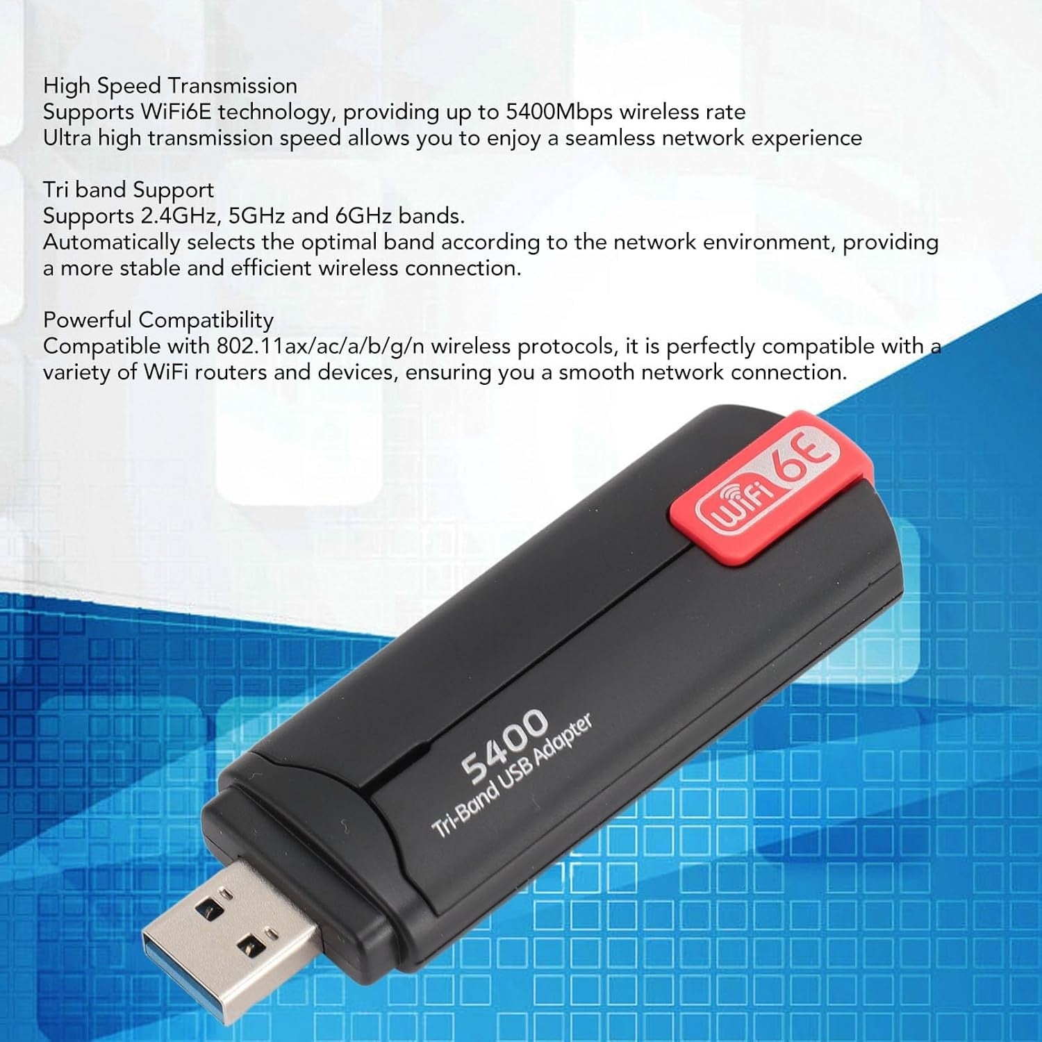 NÖRDIC USB-A WiFi-adapter, 5400 Mbps høyhastighet stabil USB3.0 trådløs nettverksadapter WiFi 6E, bærbar for stasjonær PC